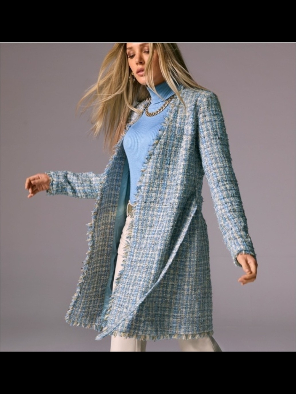 Boston Proper Light Blue Tweed Open-Front Blazer Coat